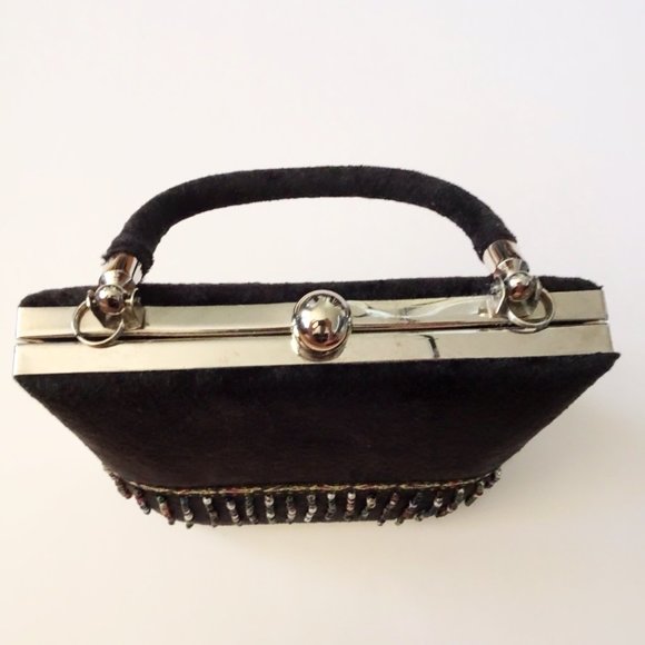 Moni Mini Black Velvet Beaded Fringe Clutch Purse - Picture 5 of 11